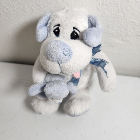 Petting Zoo White Puppy Dog with Sad Eyes Holding a Teddy Bear Plush Stuffed - Picture 6 of 8